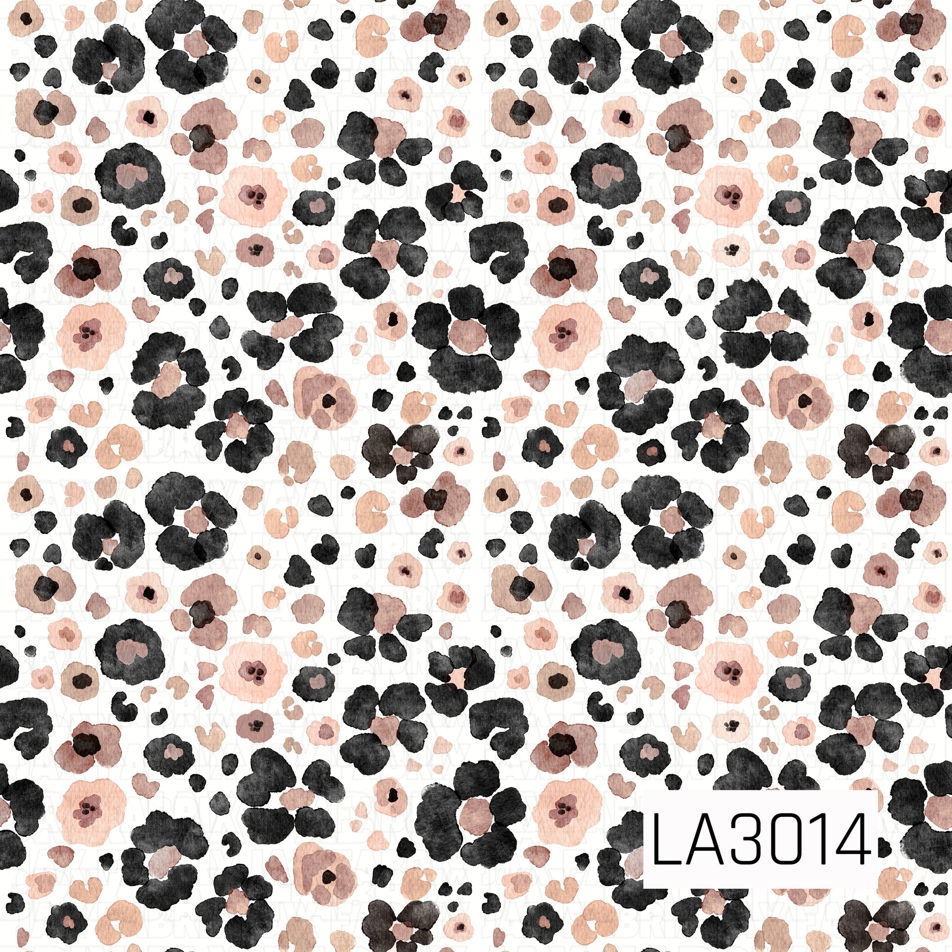A watercolor floral leopard print with black, blush, peach, and warm brown spots scattered across an off-white background.
