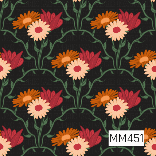 A bold retro floral pattern featuring clusters of orange, cream, and deep red flowers surrounded by winding dark green vines and leaves. Set against a rich black background, the repeating arched vines create a structured vintage-inspired look with warm, earthy colors.
