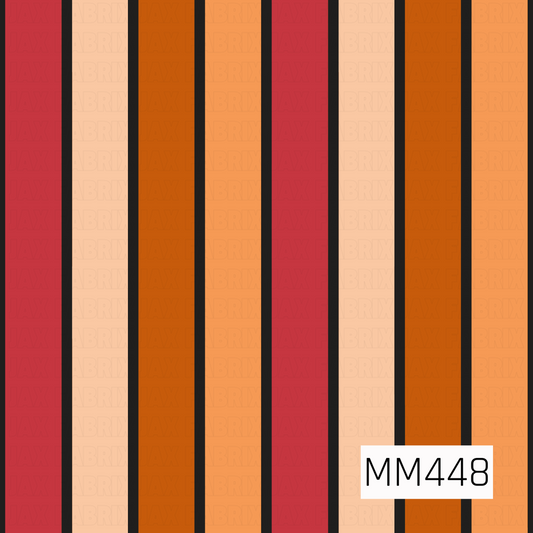 A bold retro stripe pattern featuring wide vertical bands of rosy red, soft peach, burnt orange, and warm apricot, separated by narrow black stripes. The rich, warm color palette and strong contrast give the design a fun vintage-inspired feel.