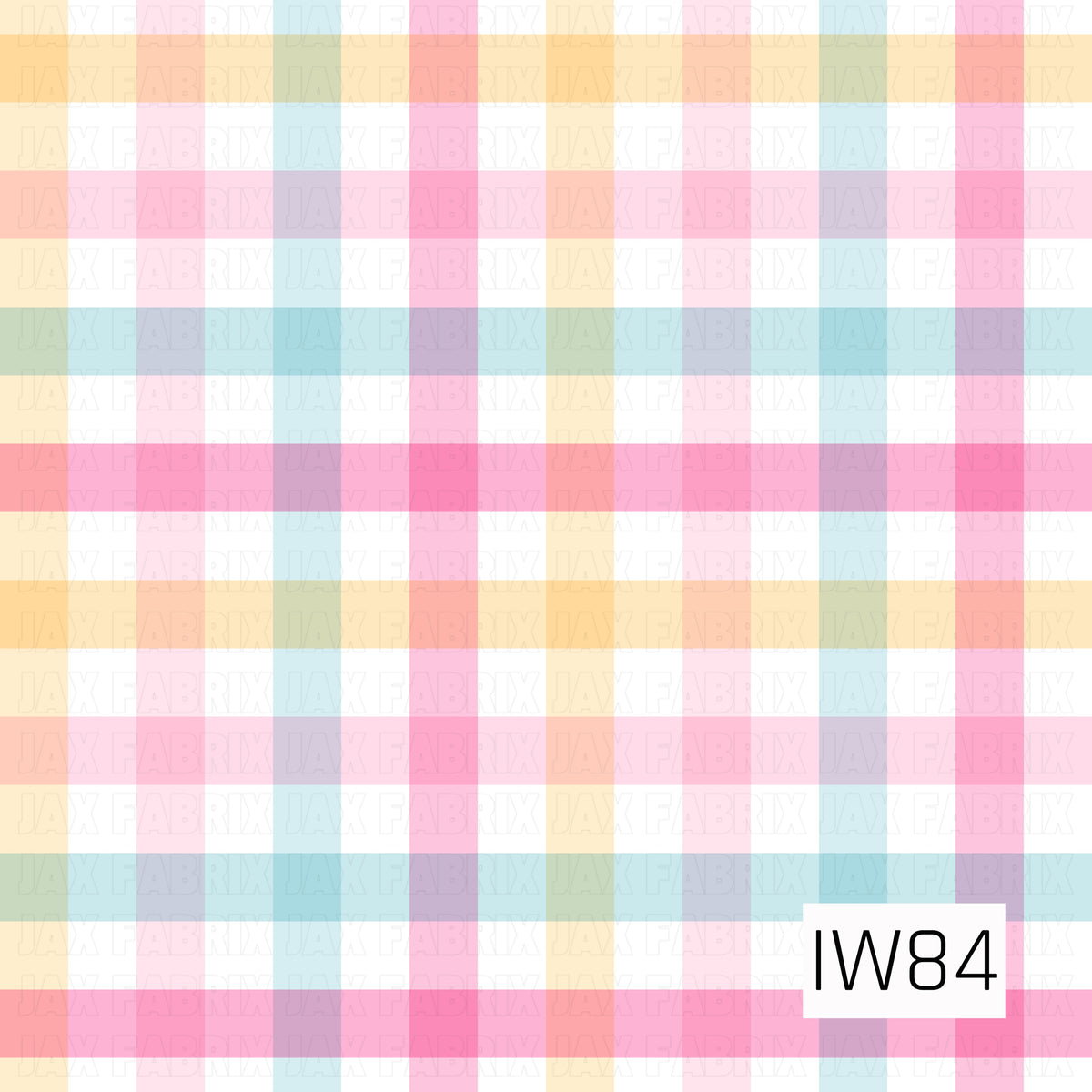 A cheerful pastel plaid pattern featuring wide, overlapping stripes of soft pink, bright pink, buttery yellow, and light aqua blue on a crisp white background. The semi-transparent stripes create subtle blended shades where they intersect, forming a playful checkered design with a fresh, airy feel. Perfect for spring and summer projects or coordinating with colorful floral prints.