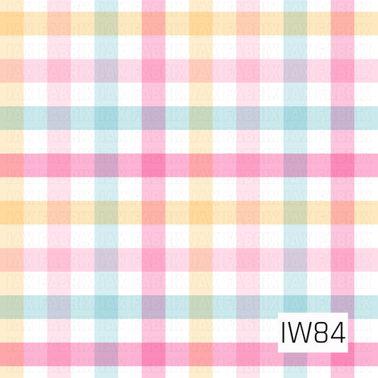 A cheerful pastel plaid pattern featuring wide, overlapping stripes of soft pink, bright pink, buttery yellow, and light aqua blue on a crisp white background. The semi-transparent stripes create subtle blended shades where they intersect, forming a playful checkered design with a fresh, airy feel. Perfect for spring and summer projects or coordinating with colorful floral prints.