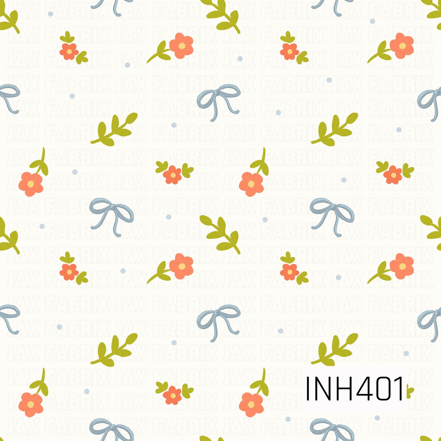 A playful tossed pattern of powder-blue bows, coral-orange flowers, and fresh green sprigs on a warm ivory background, accented with tiny blue dots.
