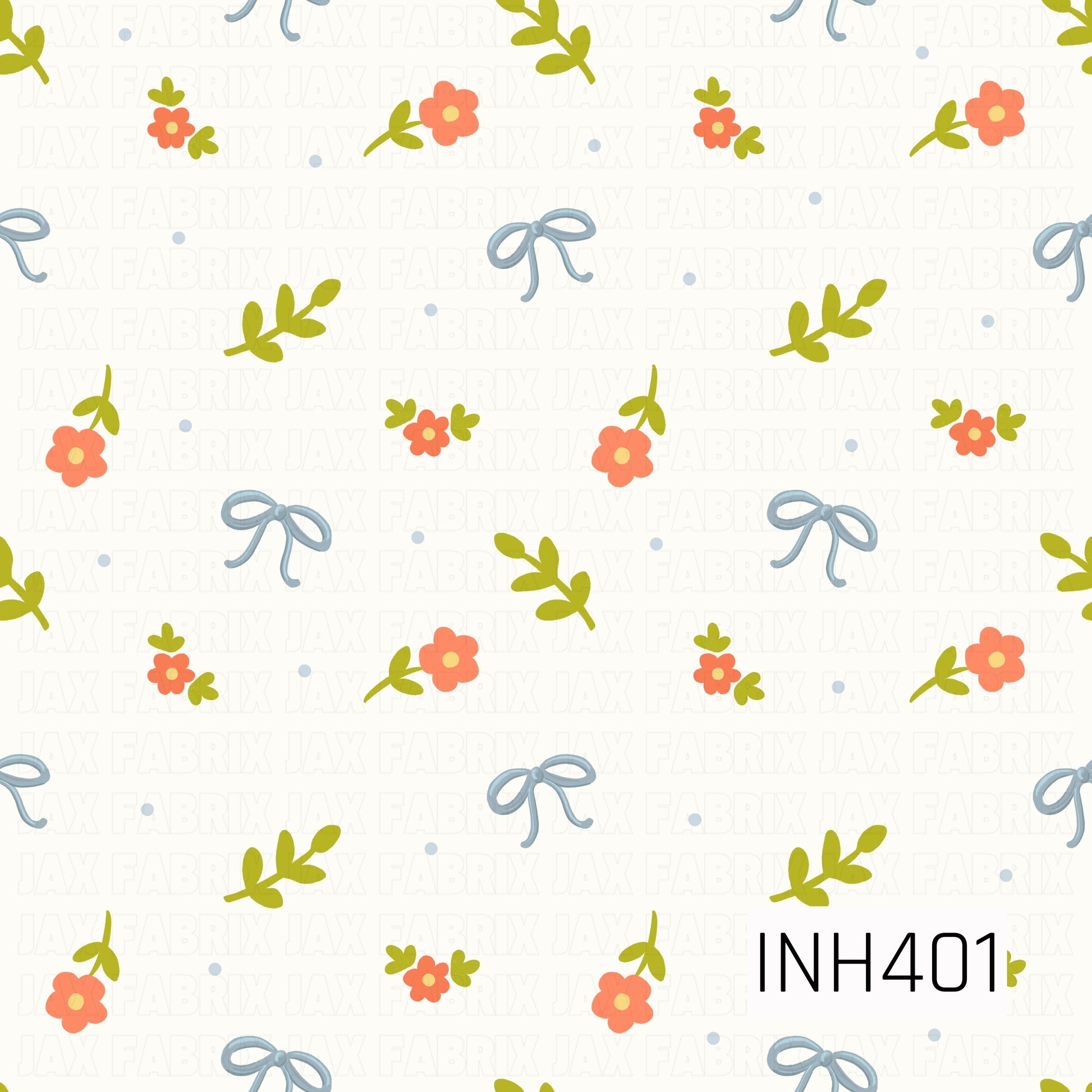 A playful tossed pattern of powder-blue bows, coral-orange flowers, and fresh green sprigs on a warm ivory background, accented with tiny blue dots.
