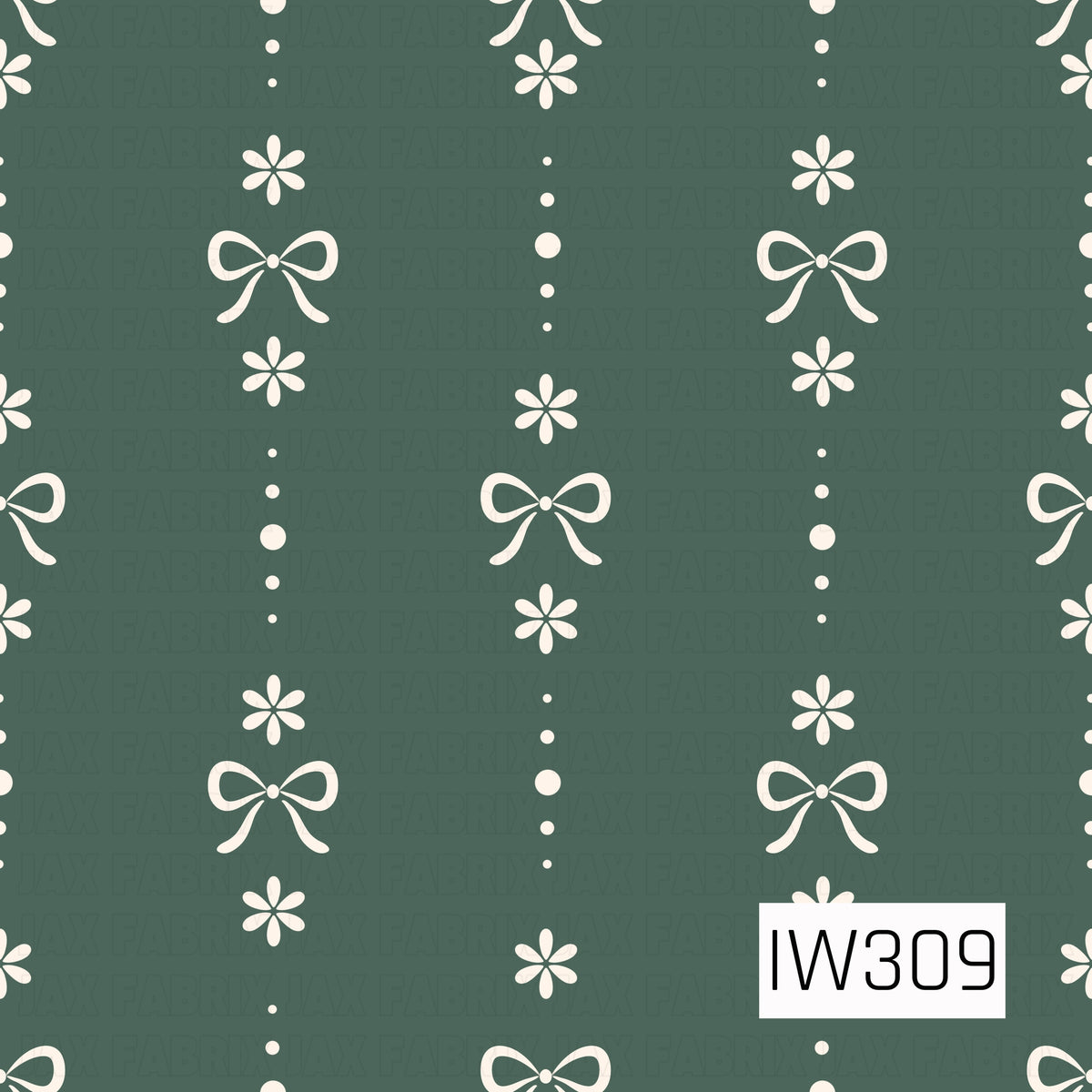 A charming folk art-inspired pattern featuring delicate ivory bows, six-petal flowers, and tiny scattered dots arranged in repeating vertical rows. Set against a muted forest green background, the simple hand-drawn details create a sweet, vintage Christmas feel.