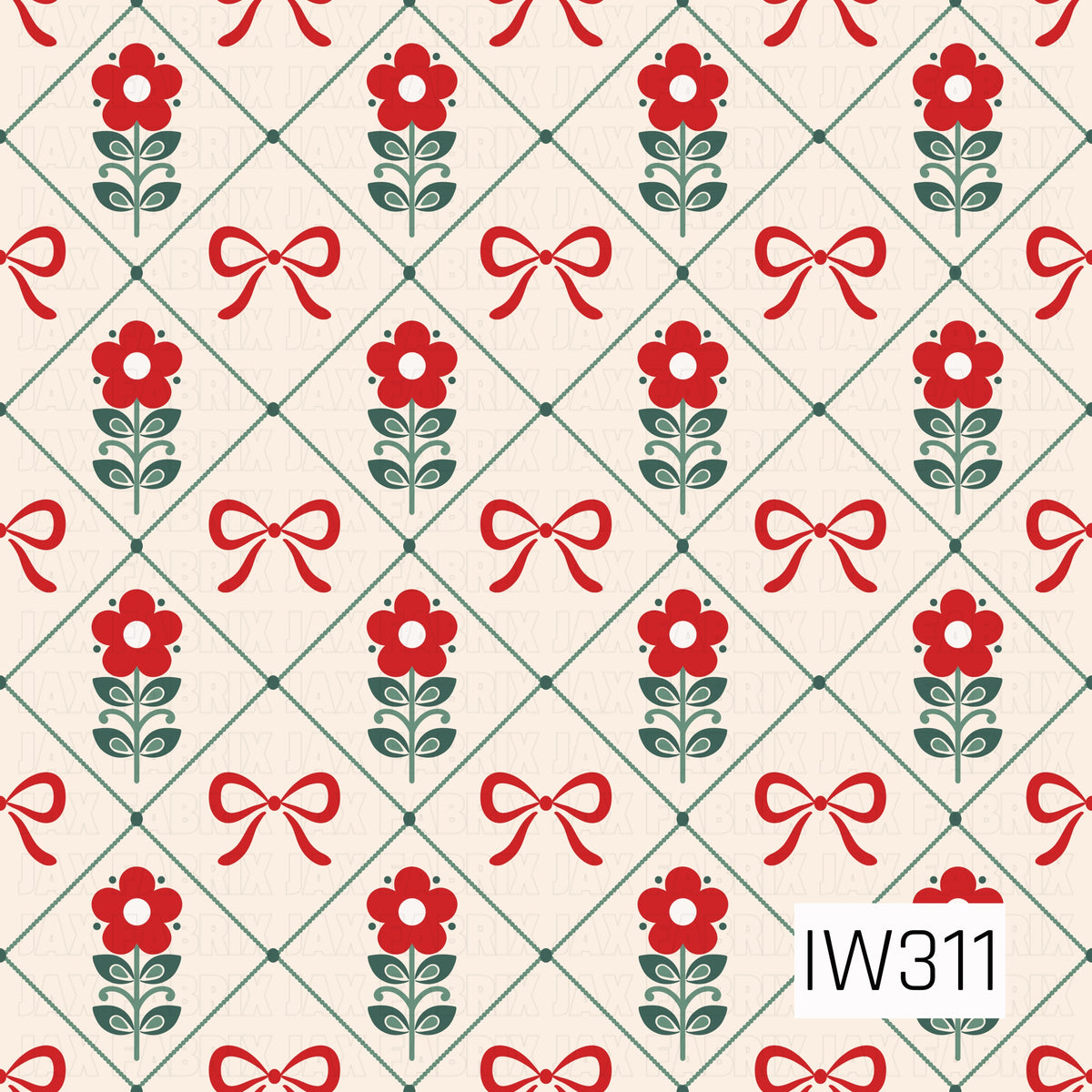 A charming vintage folk art pattern featuring bright red flowers with ivory centers, decorative sage green leaves, and delicate red bows. Arranged in a repeating diamond lattice design with fine green lines against a warm cream background, this print has a sweet, nostalgic Christmas feel.