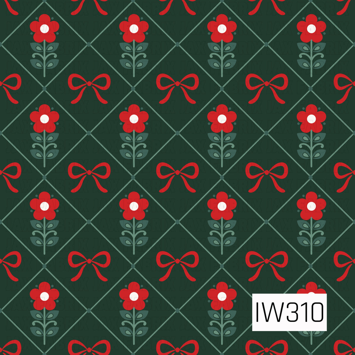 A charming vintage folk art pattern featuring bright red flowers with ivory centers, delicate sage green leaves, and dainty red bows. Arranged in an alternating diamond lattice design against a deep forest green background, this print has a cozy, nostalgic Christmas feel.