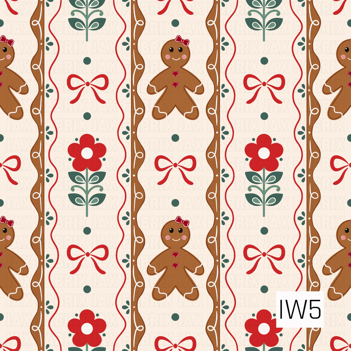 A sweet folk-art inspired Christmas stripe featuring gingerbread girls, red bows, retro florals, and deep green accents. Wavy gingerbread-style borders with white icing details separate each section, all set against a warm cream background.
