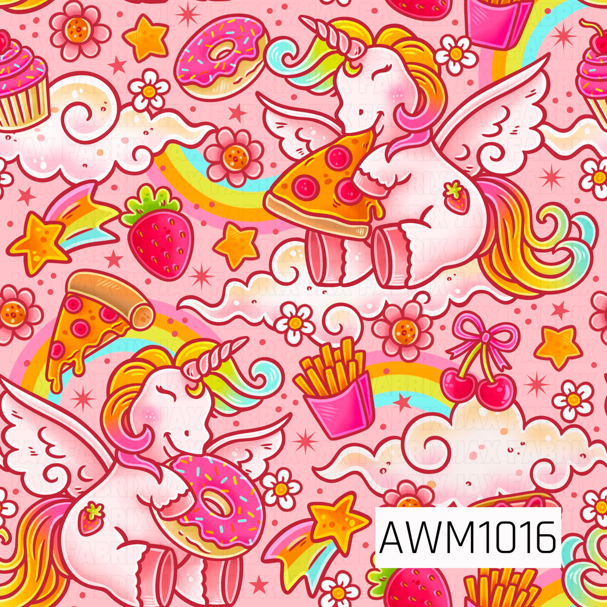 A bright and playful pegasus pattern featuring pastel pink winged unicorns enjoying pizza and sprinkled donuts. Colorful rainbows, strawberries, cherries, cupcakes, fries, shooting stars, flowers, and fluffy clouds fill the pink background for a fun, whimsical foodie theme.