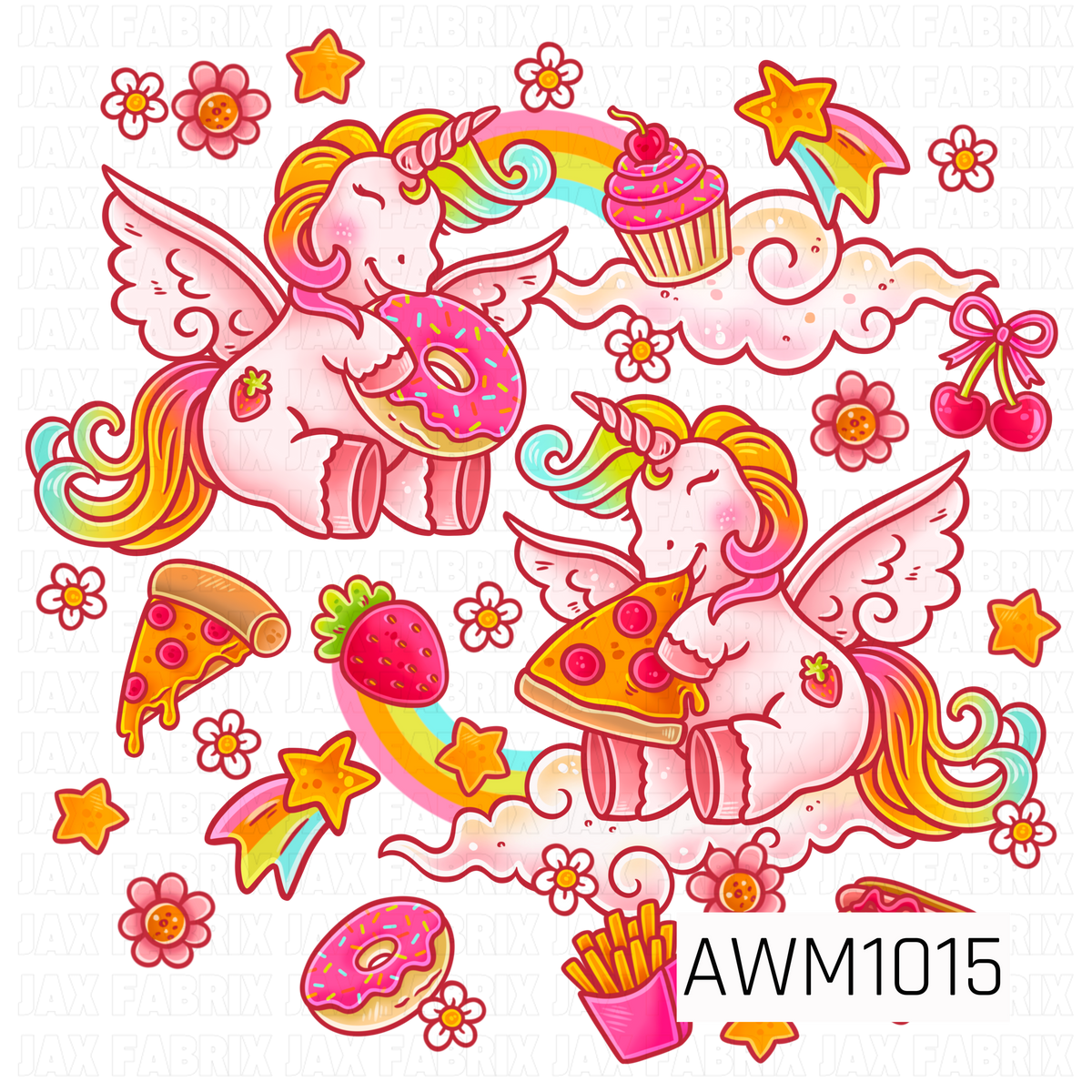 A whimsical foodie unicorn PNG featuring pastel pink winged unicorns enjoying colorful donuts and pizza. Surrounded by rainbows, cupcakes, strawberries, cherries, flowers, shooting stars, fries, and fluffy clouds in bright, playful colors.