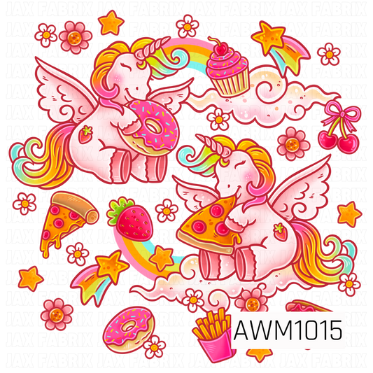 A whimsical foodie unicorn PNG featuring pastel pink winged unicorns enjoying colorful donuts and pizza. Surrounded by rainbows, cupcakes, strawberries, cherries, flowers, shooting stars, fries, and fluffy clouds in bright, playful colors.
