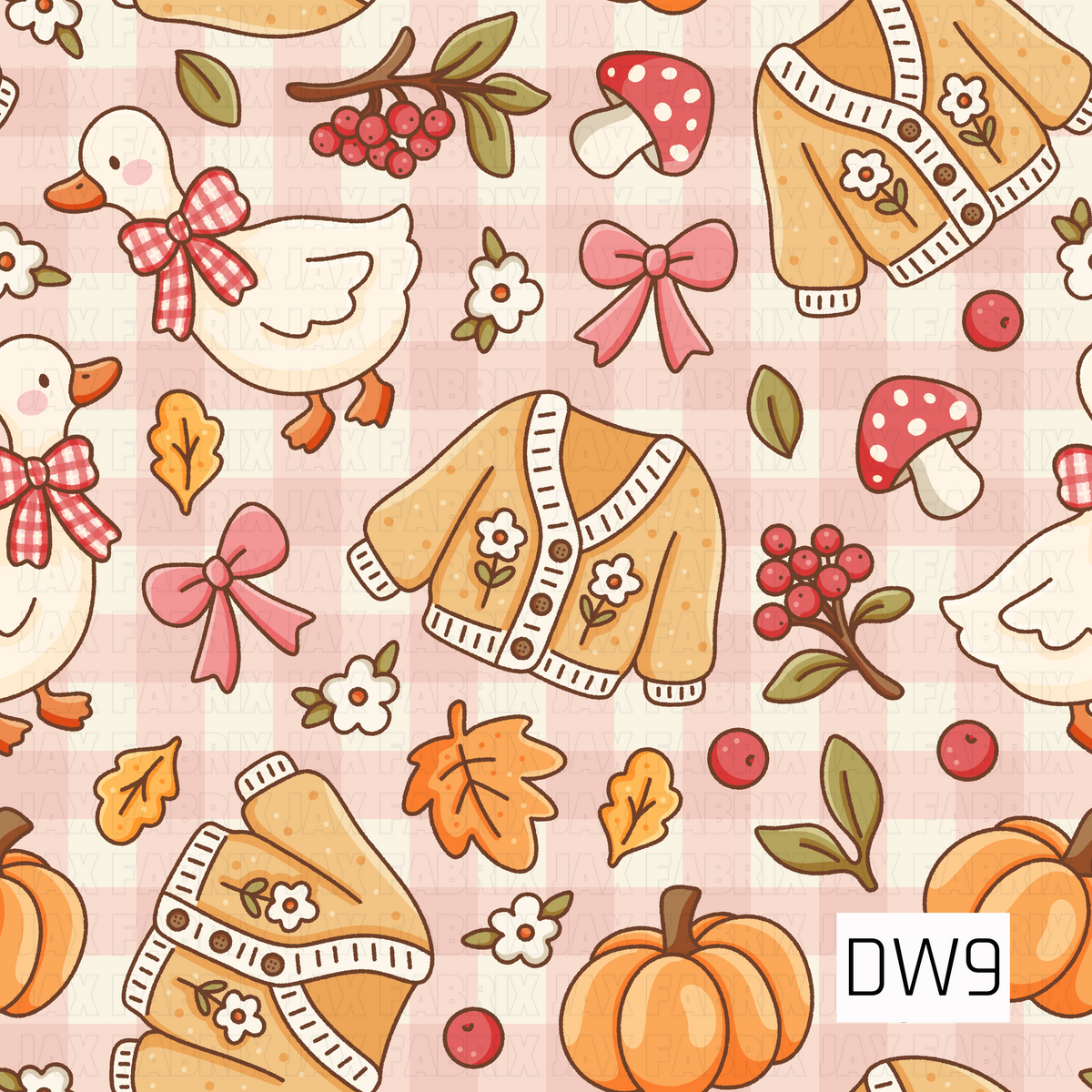 A charming fall pattern featuring adorable white geese with gingham bows, cozy mustard yellow floral cardigans, orange pumpkins, red mushrooms, and autumn leaves. Pink bows, berry sprigs, and delicate white flowers are scattered across a soft blush pink gingham background for a sweet and cozy autumn look.