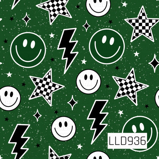 A bold retro-inspired print featuring oversized smiley faces, black lightning bolts, checkerboard stars, and scattered celestial sparkles. A deep forest green background is covered in a distressed speckled texture, giving the design a fun vintage look. Crisp black and white graphics pop against the rich green for a playful, edgy feel.