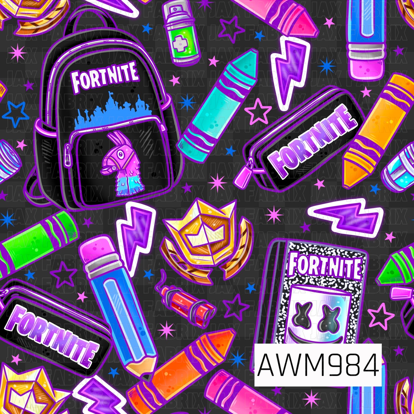 Gamer-inspired back-to-school design featuring a black background with bold neon purple, pink, blue, green, orange, and yellow accents. Includes gaming-themed school supplies such as a backpack, pencil pouch, notebook, pencils, crayons, lightning bolts, stars, crowns, and game-inspired icons. Perfect for gamers and back-to-school themed bows, apparel, accessories, and craft projects.
