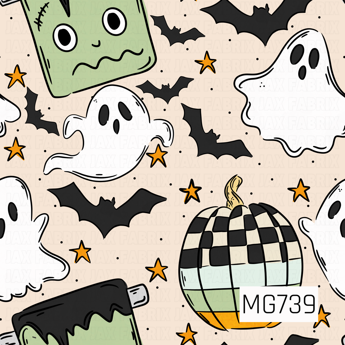 A playful Halloween print featuring friendly ghosts, black bats, checkered pumpkins, and a cute green Frankenstein on a warm cream background. Pops of sage green, black, and golden orange give it a fun retro Halloween feel.
