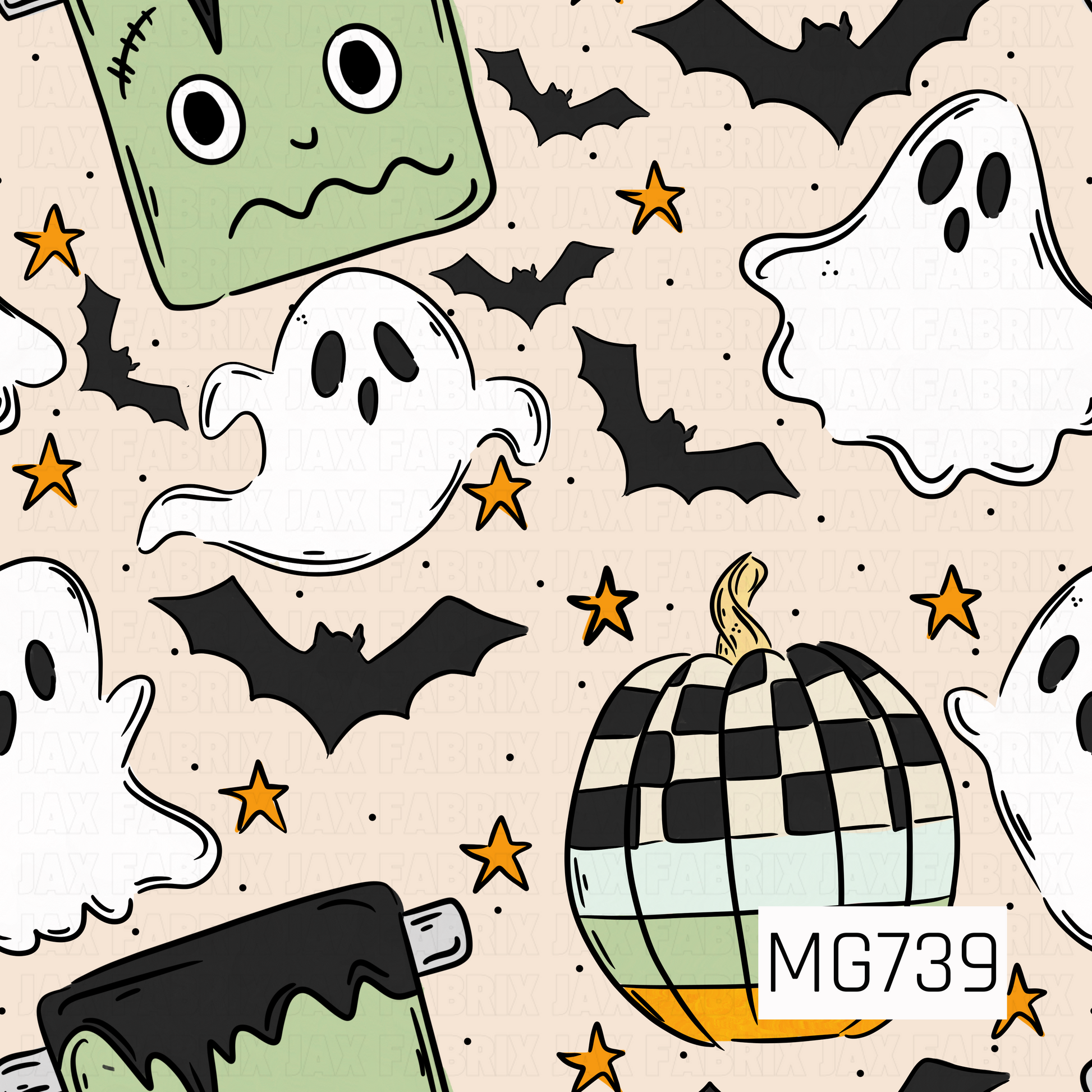 A playful Halloween print featuring friendly ghosts, black bats, checkered pumpkins, and a cute green Frankenstein on a warm cream background. Pops of sage green, black, and golden orange give it a fun retro Halloween feel.
