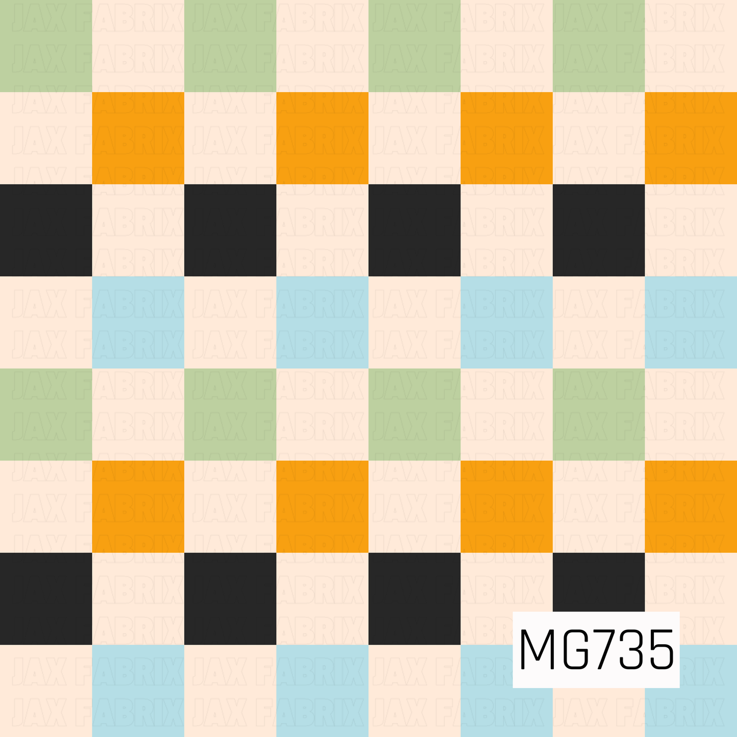 A bold oversized checkered pattern featuring sage green, pumpkin orange, black, powder blue, and warm cream. The softer green and blue tones give the classic Halloween palette a playful, slightly vintage feel.
