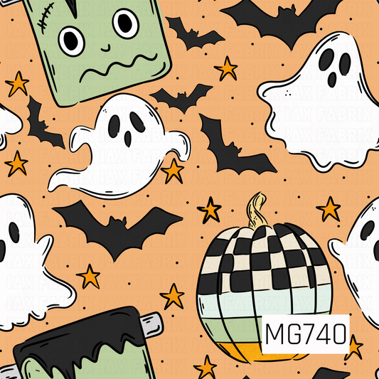 A playful Halloween print featuring friendly ghosts, black bats, checkered pumpkins, and a cute green Frankenstein on a soft peachy orange background. Pops of sage green, black, cream, and golden orange give it a fun retro Halloween feel.
