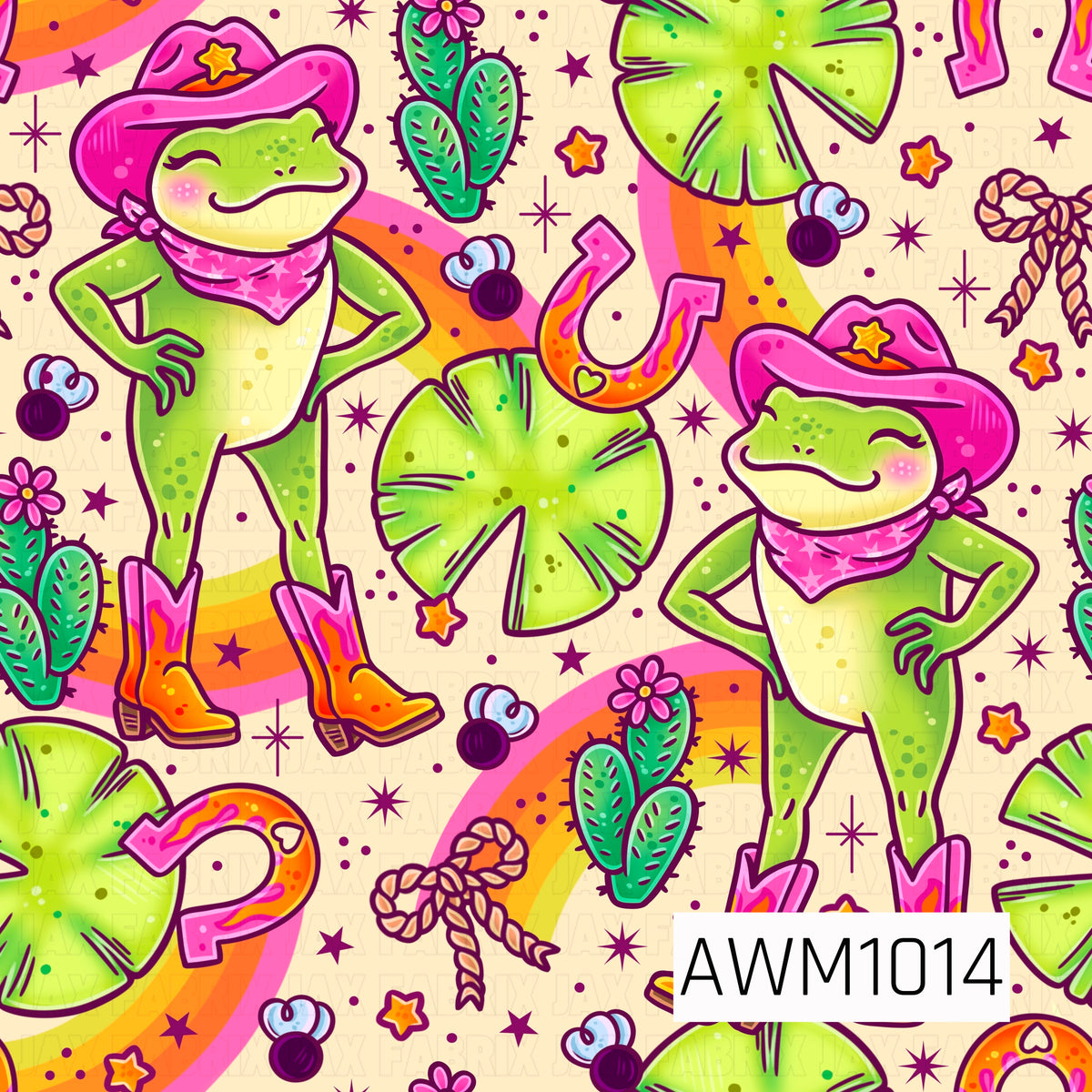 A bright, retro western frog design featuring playful cowgirl frogs in hot pink cowboy hats, bandanas, and colorful boots. Surrounded by neon green lily pads, flowering cacti, horseshoes, lassos, stars, and little flies, with wavy pink and orange accents on a warm cream background.