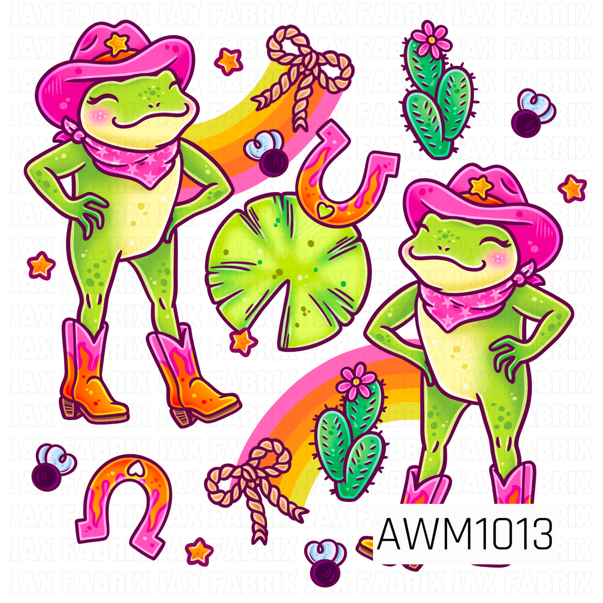 A colorful PNG featuring playful cowgirl frogs dressed in bright pink cowboy hats, bandanas, and flame boots. Rainbow accents, horseshoes, rope, cactus, stars, and cherries add a fun western touch to this bold and whimsical design.