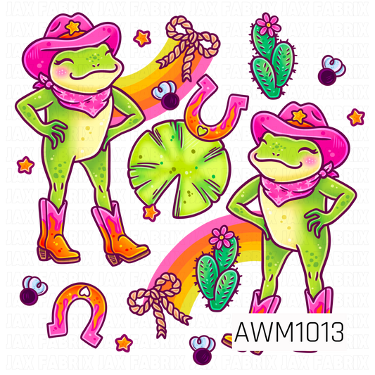 A colorful PNG featuring playful cowgirl frogs dressed in bright pink cowboy hats, bandanas, and flame boots. Rainbow accents, horseshoes, rope, cactus, stars, and cherries add a fun western touch to this bold and whimsical design.