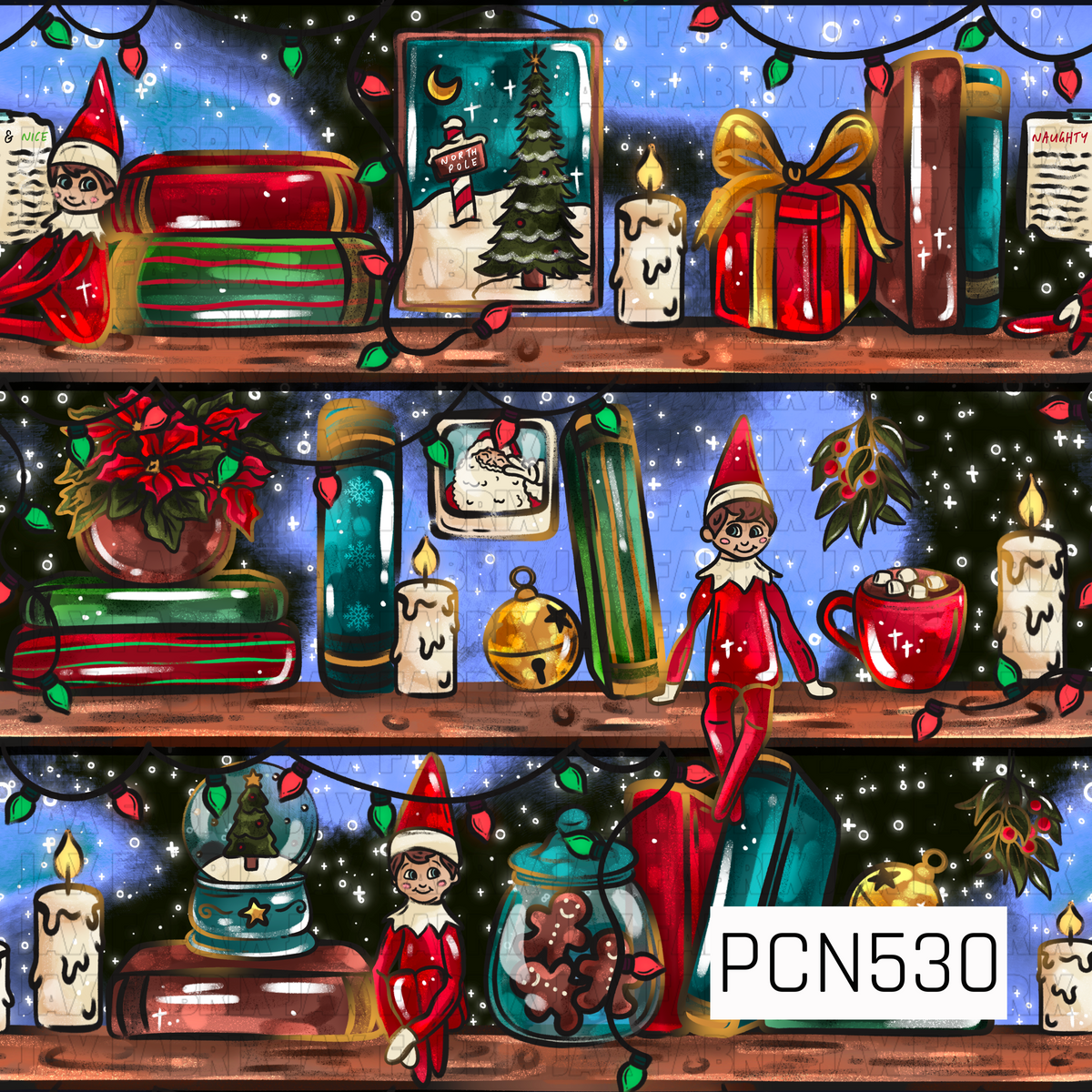 A whimsical Christmas bookshelf pattern filled with festive elves, stacked books, glowing candles, wrapped presents, ornaments, gingerbread cookies, poinsettias, mistletoe, and twinkling Christmas lights. Rich reds, greens, teal, gold, and icy blue create a cozy, magical holiday feel.
