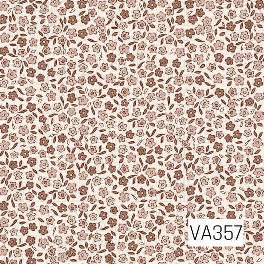 A sweet ditsy floral print filled with tiny hand-drawn flowers and scattered leaves. Soft cream, beige, and warm brown tones give it a simple, neutral vintage feel.
