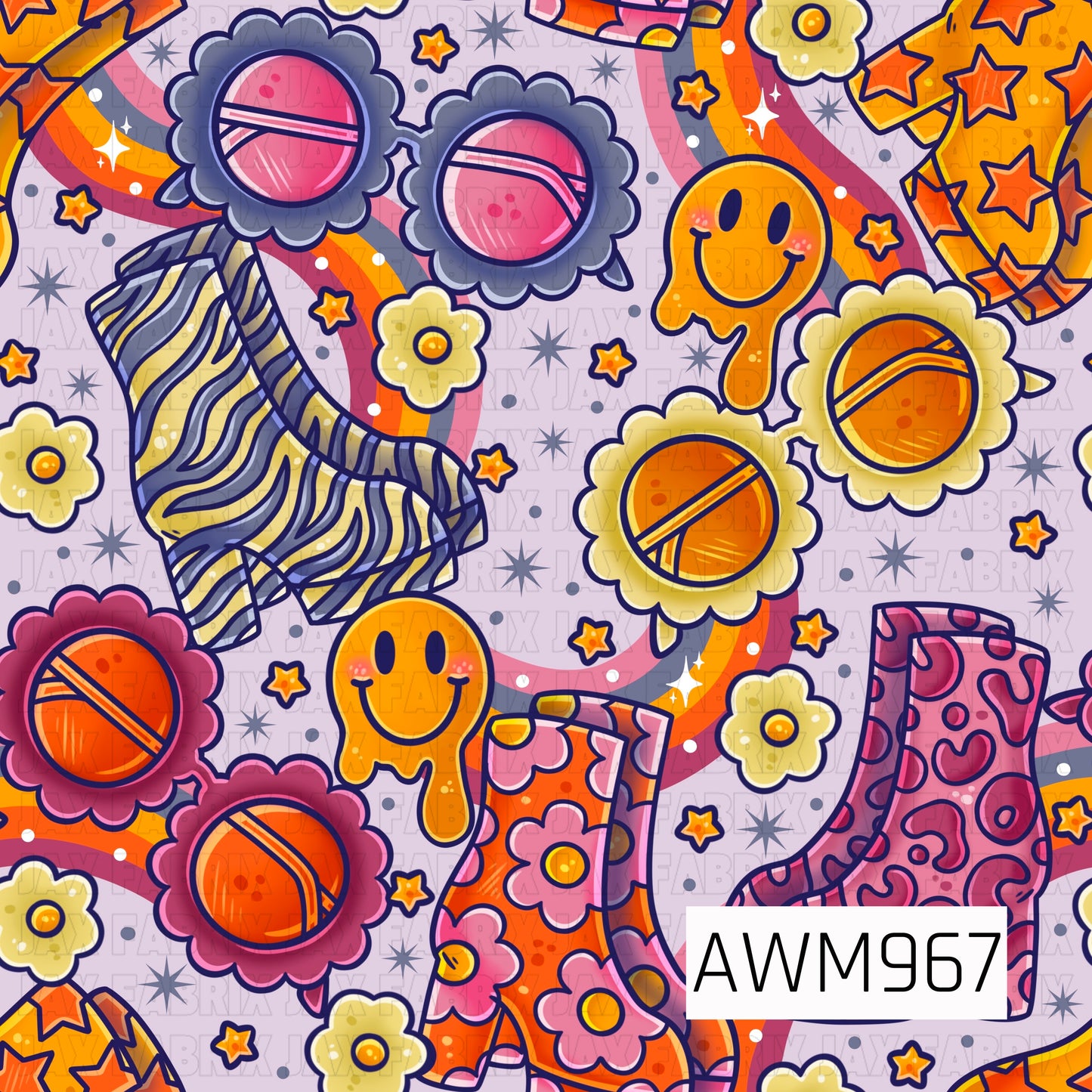 A retro-inspired seamless pattern featuring colorful go-go boots, flower-shaped sunglasses, smiling drippy faces, daisies, stars, sparkles, and flowing rainbows. The design combines vibrant shades of orange, pink, purple, yellow, cream, and navy on a soft lavender background, creating a fun and groovy 1970s aesthetic. Perfect for fabric, faux leather, bows, apparel, accessories, and other custom creations.
