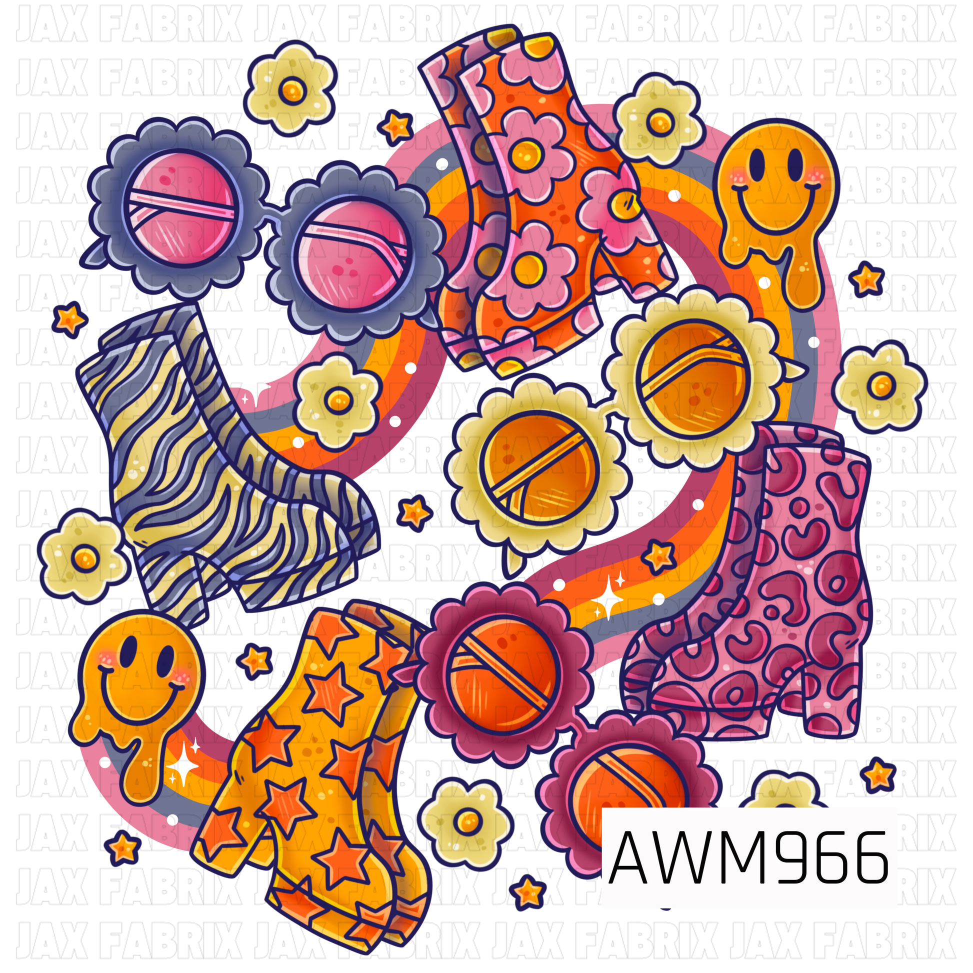 A retro-inspired sublimation design featuring colorful go-go boots, flower-shaped sunglasses, smiling drippy faces, daisies, stars, sparkles, and a flowing rainbow. Vibrant shades of orange, pink, purple, yellow, cream, and navy are layered on a black background, creating a fun and groovy 1970s aesthetic with playful fashion-forward charm. Perfect for t-shirts, sweatshirts, tote bags, and other custom apparel and accessories.
