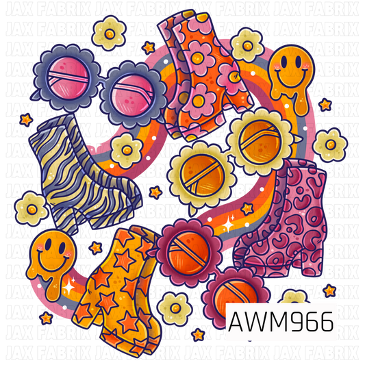 A retro-inspired sublimation design featuring colorful go-go boots, flower-shaped sunglasses, smiling drippy faces, daisies, stars, sparkles, and a flowing rainbow. Vibrant shades of orange, pink, purple, yellow, cream, and navy are layered on a black background, creating a fun and groovy 1970s aesthetic with playful fashion-forward charm. Perfect for t-shirts, sweatshirts, tote bags, and other custom apparel and accessories.
