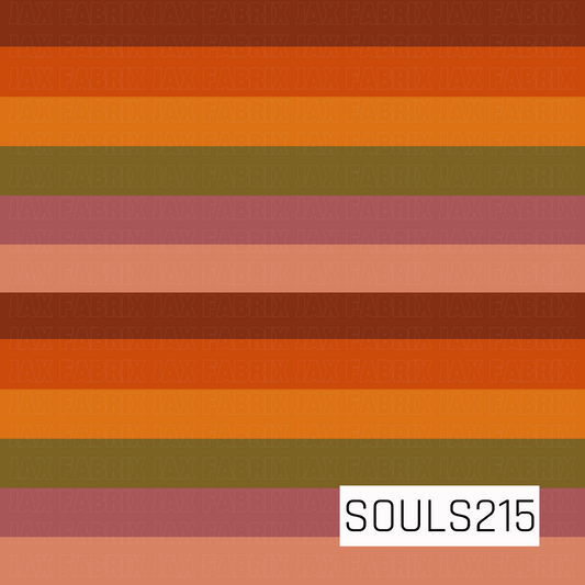 A retro striped coordinate featuring wide horizontal bands in warm, earthy shades of burnt orange, rust, mustard, olive green, dusty rose, and soft peach. The repeating color palette gives it a bold 70s-inspired feel while coordinating perfectly with the matching floral print.