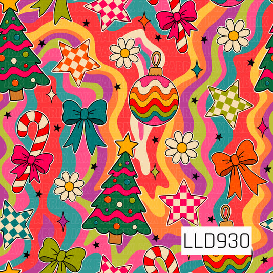 A funky retro Christmas pattern featuring colorful Christmas trees, candy canes with bows, wavy striped ornaments, gingham stars, daisies, and oversized bows. Bright pink, orange, teal, green, purple, and cream accents pop against a bold psychedelic wavy background.
