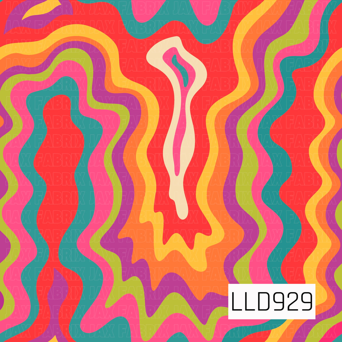 A bold retro pattern featuring layered, wavy abstract lines in bright pink, orange, golden yellow, purple, olive green, teal, and cream. The flowing irregular shapes create a funky psychedelic look with a playful vintage feel.
