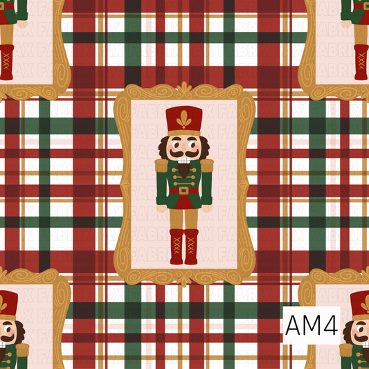 A festive Christmas pattern featuring classic nutcrackers framed in ornate golden picture frames over a traditional red, green, cream, and gold plaid background. The rich holiday colors and vintage-inspired details give it a warm, timeless Christmas feel.
