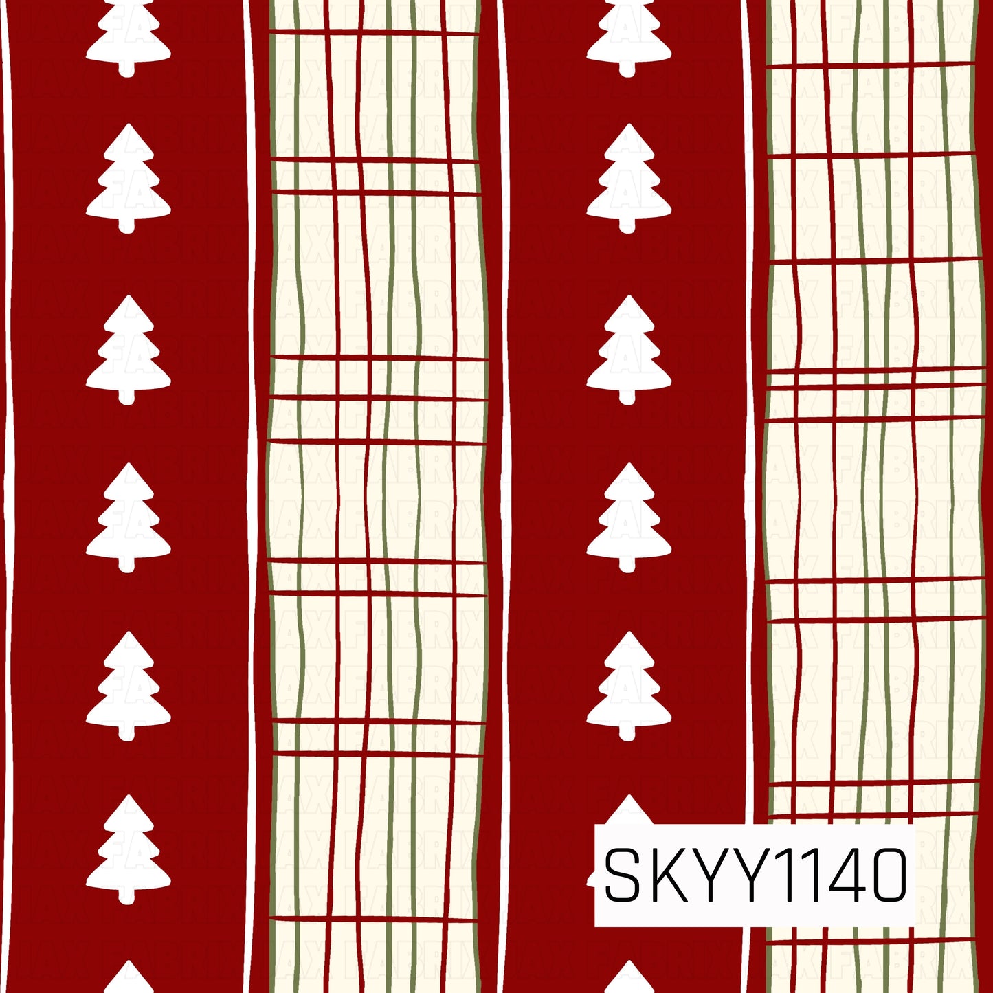 A festive holiday stripe pattern featuring alternating deep red panels with simple white Christmas trees and cream plaid panels accented with red and muted green lines. The hand-drawn details give the classic Christmas color palette a cozy, rustic feel.

