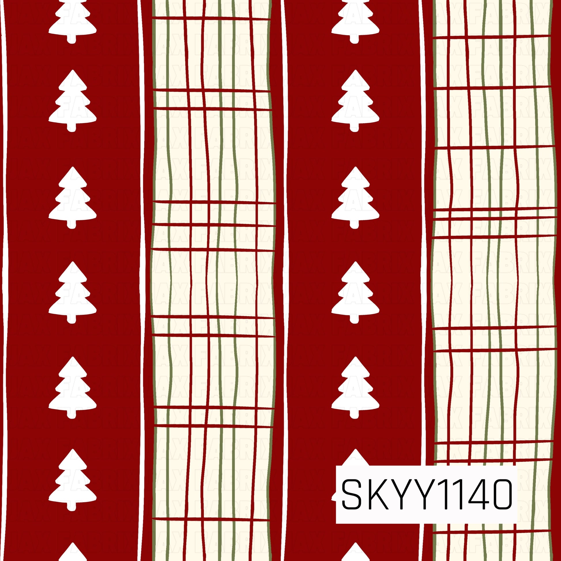 A festive holiday stripe pattern featuring alternating deep red panels with simple white Christmas trees and cream plaid panels accented with red and muted green lines. The hand-drawn details give the classic Christmas color palette a cozy, rustic feel.
