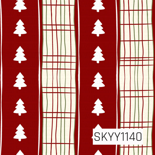 A festive holiday stripe pattern featuring alternating deep red panels with simple white Christmas trees and cream plaid panels accented with red and muted green lines. The hand-drawn details give the classic Christmas color palette a cozy, rustic feel.
