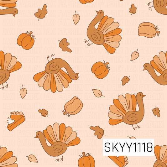A playful Thanksgiving seamless pattern featuring whimsical turkeys, pumpkins, autumn leaves, pumpkin pie slices, and roasted turkey accents scattered across a soft peach background. Warm shades of orange, caramel, tan, and brown give the design a cozy, cheerful fall feel.
