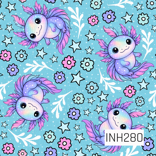 Pattern of axolotls, flowers, and stars on a blue background 