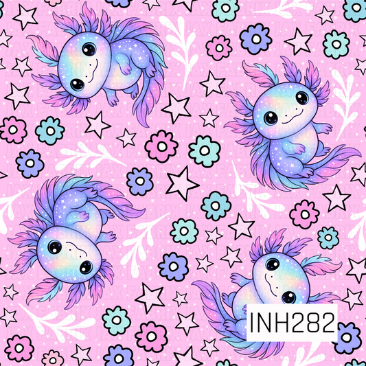 Pattern of axolotls, flowers, and stars on a pink background 