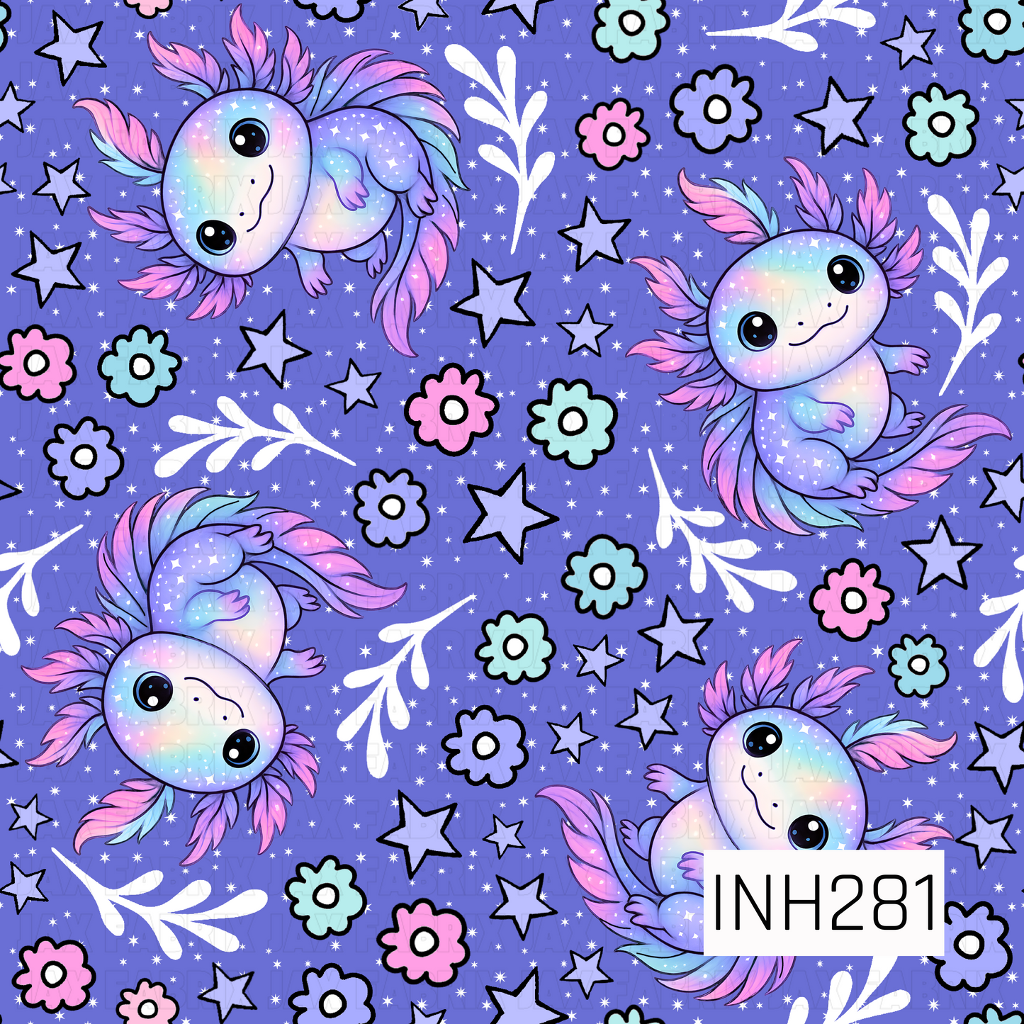 Colorful axolotl pattern with stars, flowers, and leaves on a purple background.