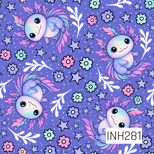 Colorful axolotl pattern with stars, flowers, and leaves on a purple background.