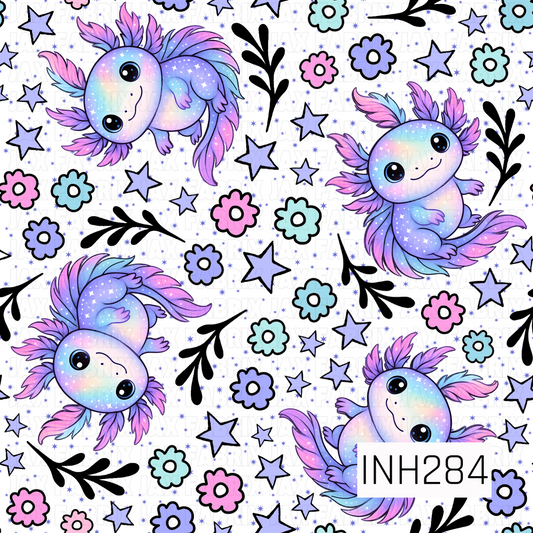 Pattern of colorful axolotls with flowers and stars on a white background