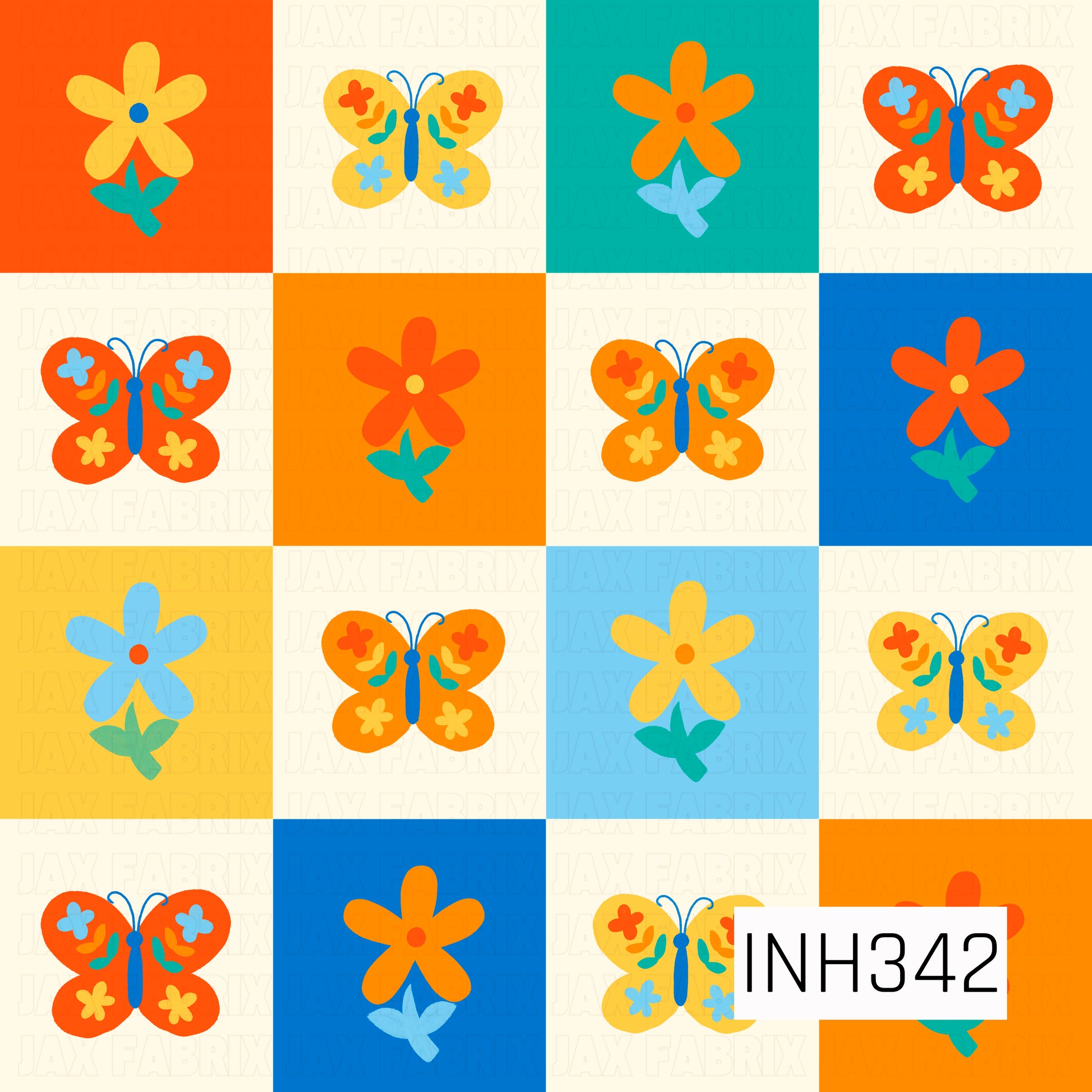 A cheerful checkerboard pattern featuring colorful blocks filled with simple flowers and decorative butterflies. Bright shades of orange, yellow, teal, blue, and cream create a playful patchwork effect, while the whimsical floral motifs and folk-art inspired butterflies give the design a bold retro garden feel.
