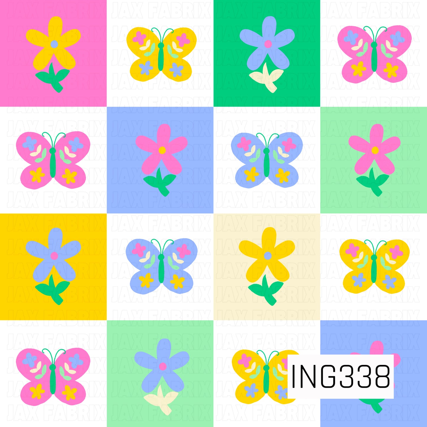 A cheerful checkerboard pattern featuring colorful blocks filled with simple flowers and decorative butterflies. Bright shades of pink, yellow, blue, green, and cream create a playful patchwork effect, while the whimsical floral motifs and folk-art inspired butterflies give the design a fun retro garden feel.
