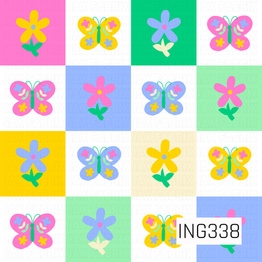 A cheerful checkerboard pattern featuring colorful blocks filled with simple flowers and decorative butterflies. Bright shades of pink, yellow, blue, green, and cream create a playful patchwork effect, while the whimsical floral motifs and folk-art inspired butterflies give the design a fun retro garden feel.
