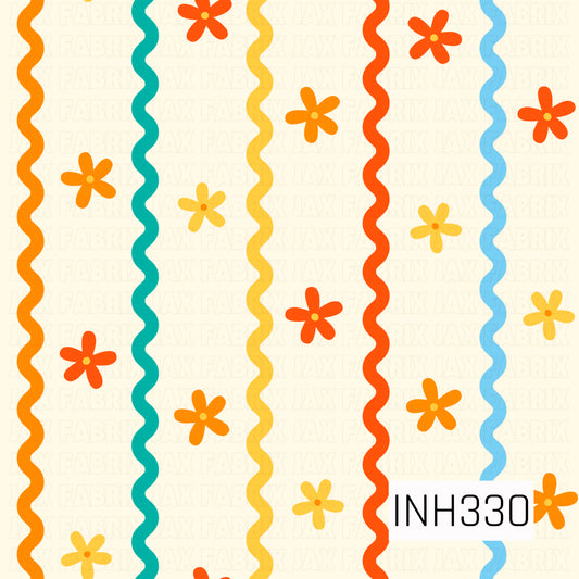 A playful retro floral pattern featuring scattered daisy-like blooms in warm orange and yellow tones, layered over bold vertical wavy stripes in teal, gold, orange, and sky blue. Set against a soft cream background, the simple shapes and vibrant colors create a cheerful mid-century modern feel with a fun, sunny vintage aesthetic.
