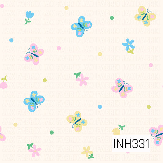 A sweet whimsical pattern featuring pastel butterflies decorated with tiny floral details, scattered among simple blossoms and colorful dots on a soft cream background. The playful pink, blue, yellow, and green palette creates a light, cheerful garden-inspired design with a charming springtime feel.
