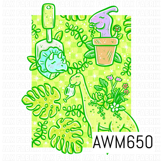 A playful PNG design featuring colorful dinosaurs enjoying a whimsical garden scene with tropical leaves, flowers, a potted plant and gardening tools. Bright lime green, aqua, lavender and pink give it a fun prehistoric botanical feel.