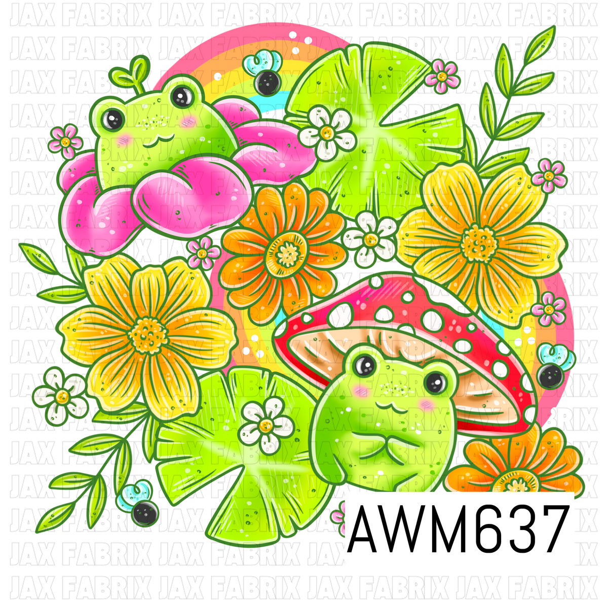 A bright whimsical PNG design featuring two adorable green frogs nestled among oversized pink mushrooms, tropical leaves and colorful orange and yellow flowers. Tiny flies, leafy sprigs, white blossoms and a rainbow add playful details to this vibrant garden-inspired design.