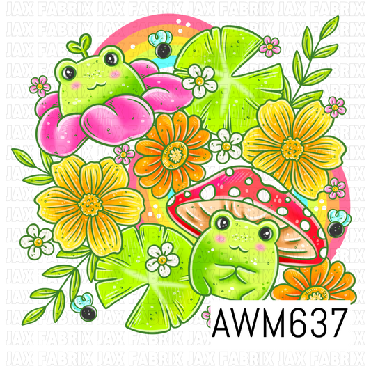 A bright whimsical PNG design featuring two adorable green frogs nestled among oversized pink mushrooms, tropical leaves and colorful orange and yellow flowers. Tiny flies, leafy sprigs, white blossoms and a rainbow add playful details to this vibrant garden-inspired design.